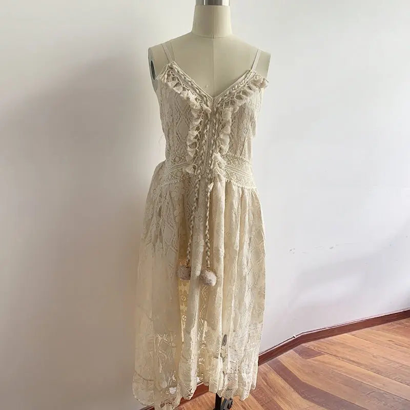Women Dress Beach Style Elegant White Lace Spaghetti Srap Sundress Female Hollow Out Boho - Blade & Thread