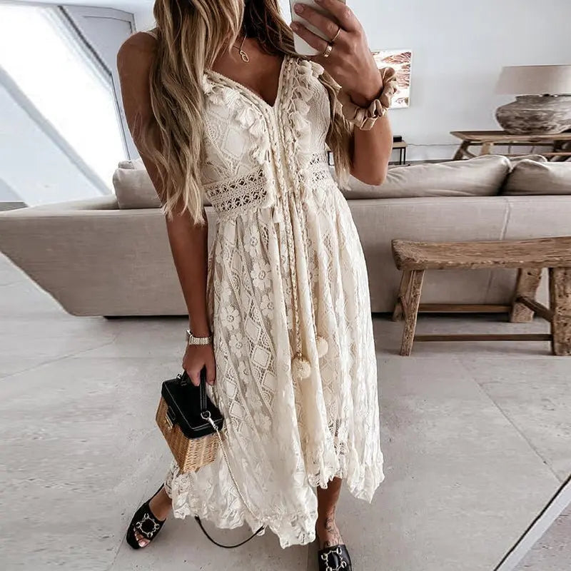 Women Dress Beach Style Elegant White Lace Spaghetti Srap Sundress Female Hollow Out Boho - Blade & Thread
