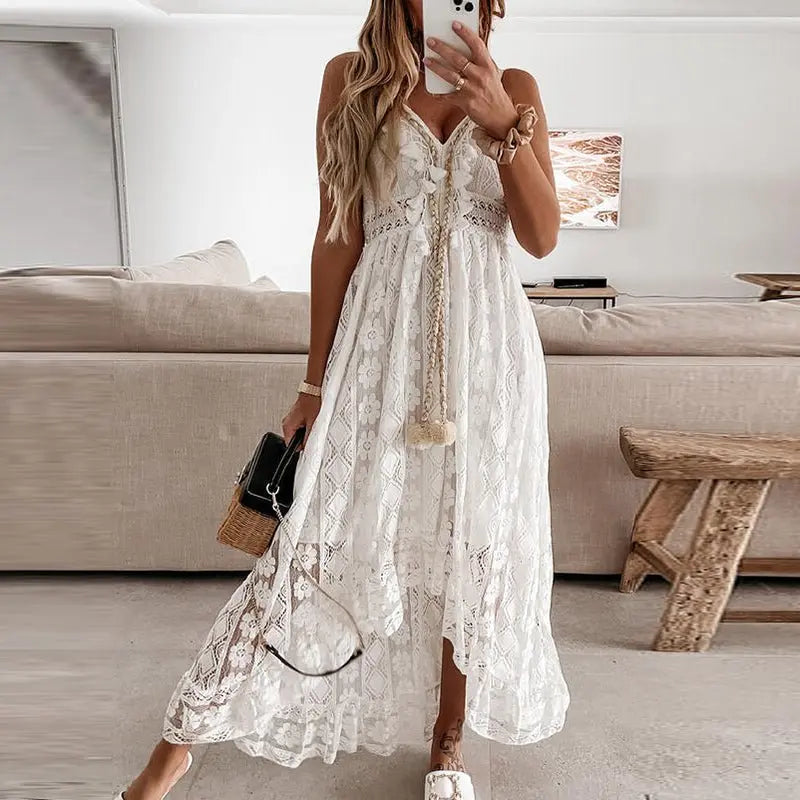 Women Dress Beach Style Elegant White Lace Spaghetti Srap Sundress Female Hollow Out Boho - Blade & Thread