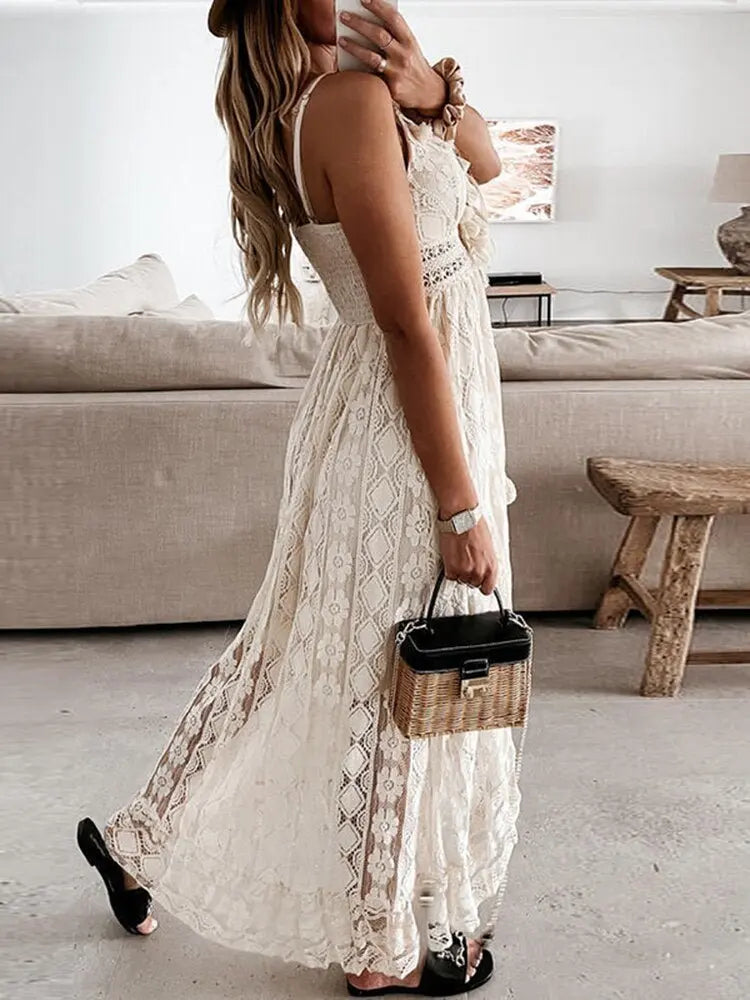 Women Dress Beach Style Elegant White Lace Spaghetti Srap Sundress Female Hollow Out Boho nowadaysfashion