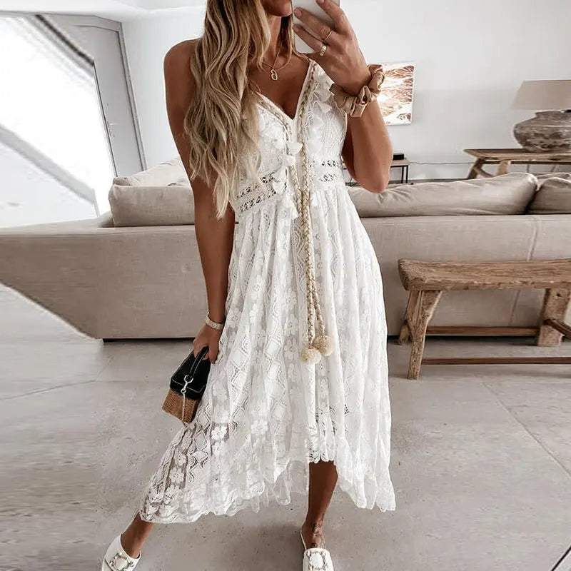Women Dress Beach Style Elegant White Lace Spaghetti Srap Sundress Female Hollow Out Boho nowadaysfashion