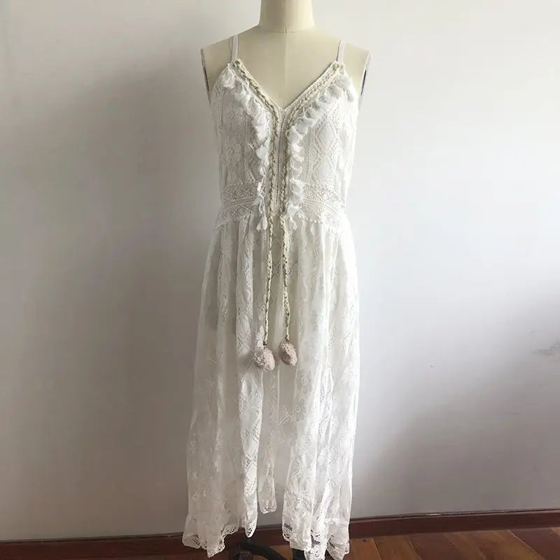 Women Dress Beach Style Elegant White Lace Spaghetti Srap Sundress Female Hollow Out Boho - Blade & Thread
