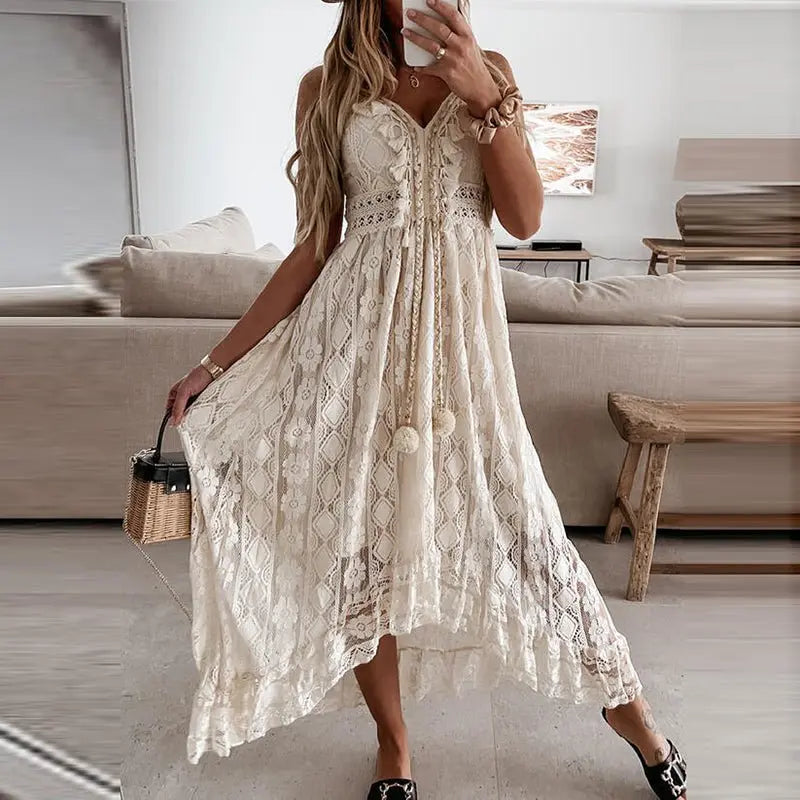 Women Dress Beach Style Elegant White Lace Spaghetti Srap Sundress Female Hollow Out Boho - Blade & Thread