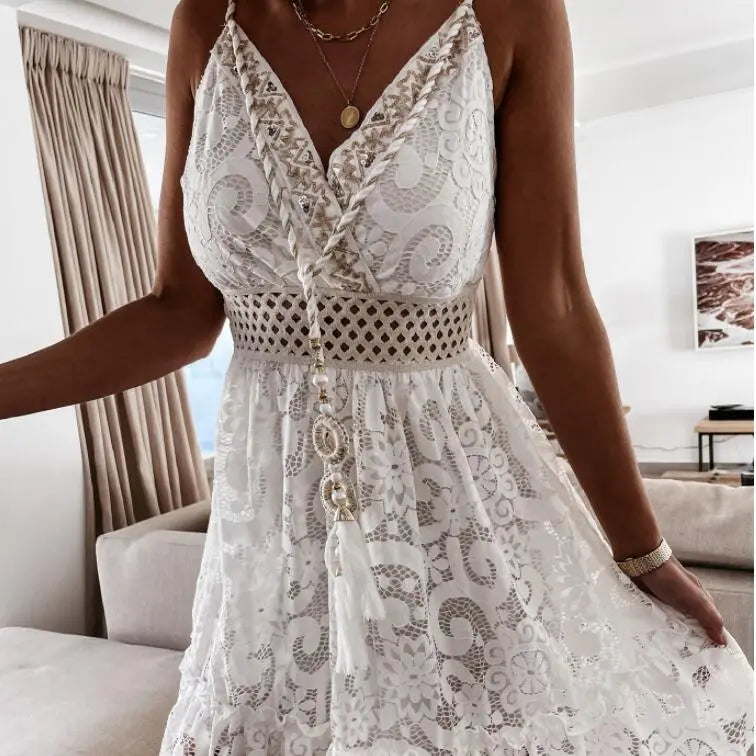 Women Dress Beach Style Elegant White Lace Spaghetti Srap Sundress Female Hollow Out Boho nowadaysfashion