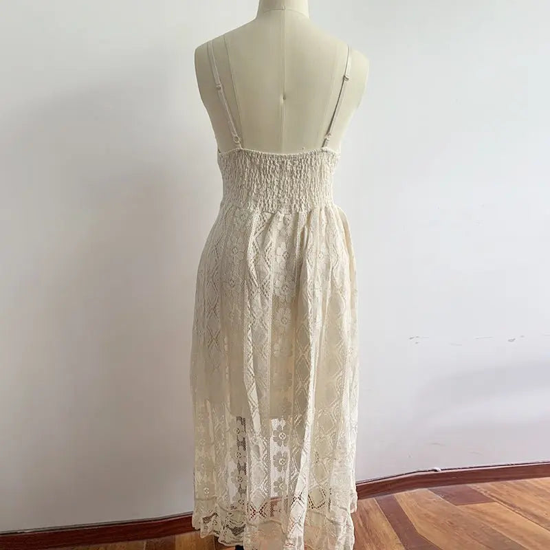 Women Dress Beach Style Elegant White Lace Spaghetti Srap Sundress Female Hollow Out Boho - Blade & Thread