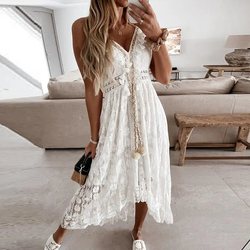 Women Dress Beach Style Elegant White Lace Spaghetti Srap Sundress Female Hollow Out Boho - Blade & Thread