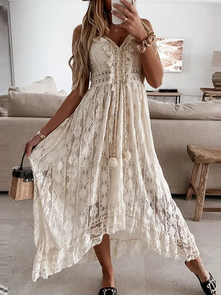 Women Dress Beach Style Elegant White Lace Spaghetti Srap Sundress Female Hollow Out Boho nowadaysfashion