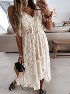 Women Dress Beach Style Elegant White Lace Spaghetti Srap Sundress Female Hollow Out Boho nowadaysfashion