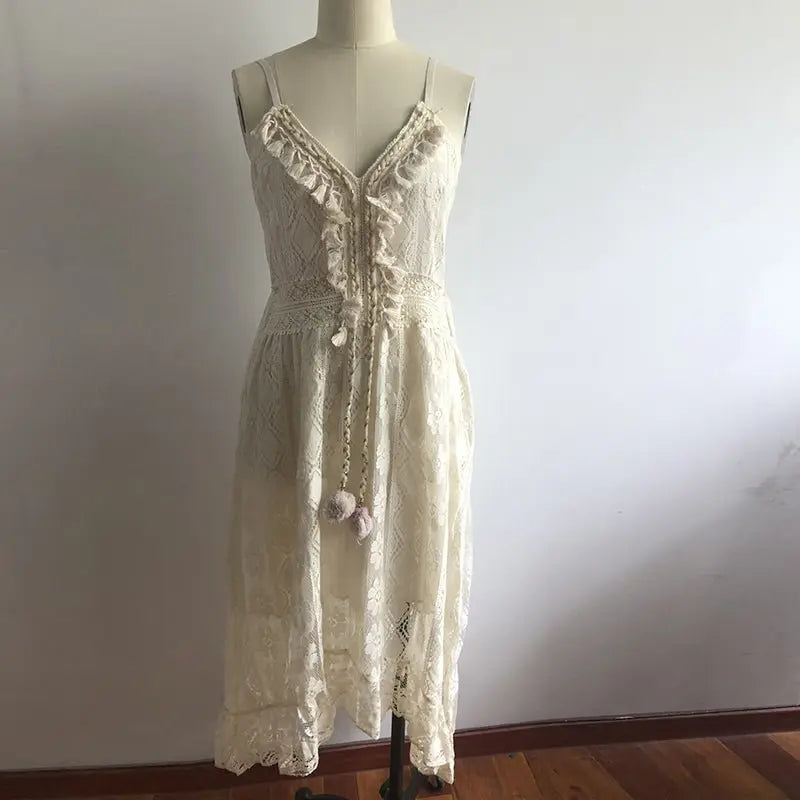 Women Dress Beach Style Elegant White Lace Spaghetti Srap Sundress Female Hollow Out Boho - Blade & Thread