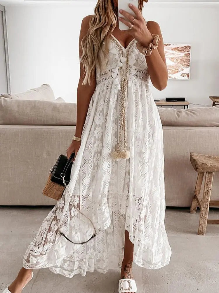Women Dress Beach Style Elegant White Lace Spaghetti Srap Sundress Female Hollow Out Boho - Blade & Thread