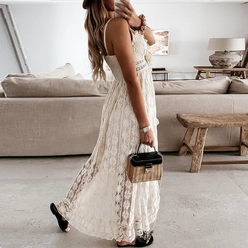 Women Dress Beach Style Elegant White Lace Spaghetti Srap Sundress Female Hollow Out Boho - Blade & Thread