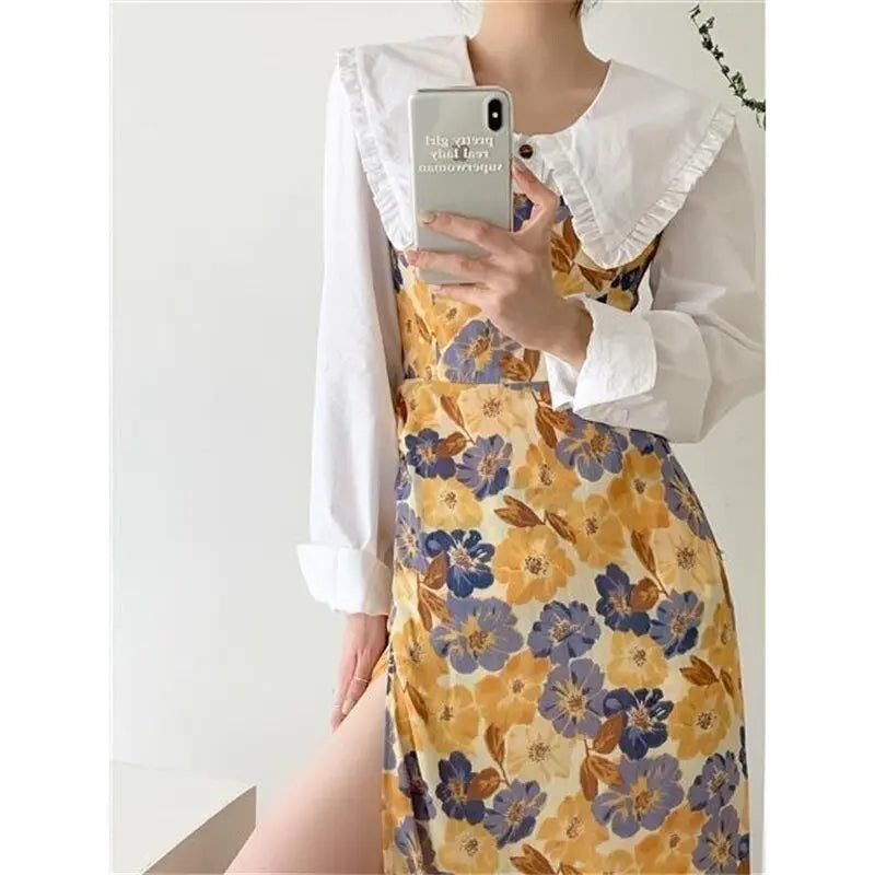 Women Floral Strap Dress Summer French Vintage Square Collar Slit Sleeveless Long Dresses nowadaysfashion