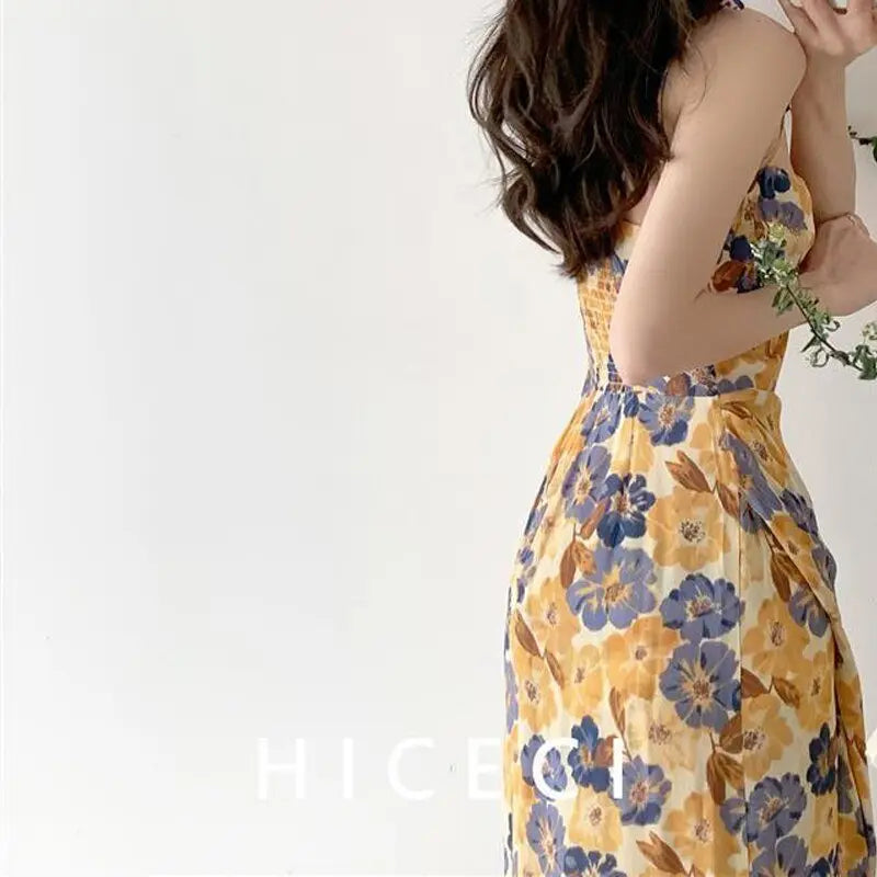 Women Floral Strap Dress Summer French Vintage Square Collar Slit Sleeveless Long Dresses - Blade & Thread