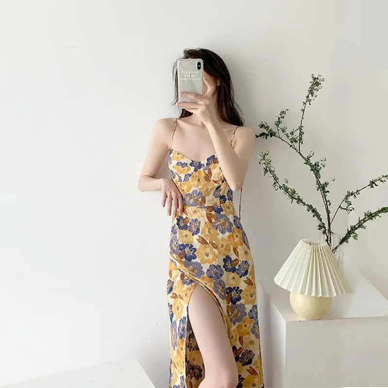 Women Floral Strap Dress Summer French Vintage Square Collar Slit Sleeveless Long Dresses nowadaysfashion