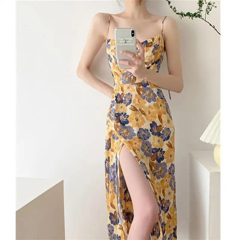 Women Floral Strap Dress Summer French Vintage Square Collar Slit Sleeveless Long Dresses nowadaysfashion