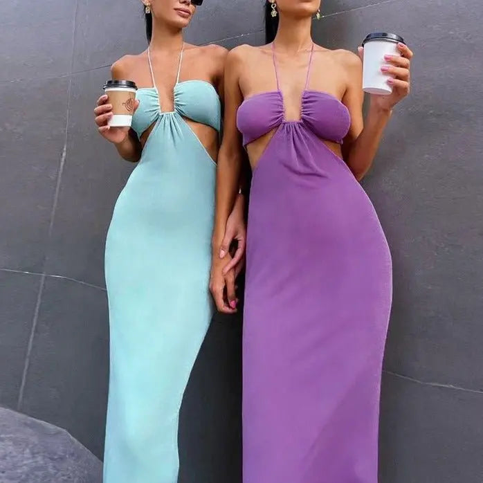 Women Halter Cut Out Backless Corset Midi Dress High Waist Split Slim Grunge Vestidos 2022 Summer nowadaysfashion