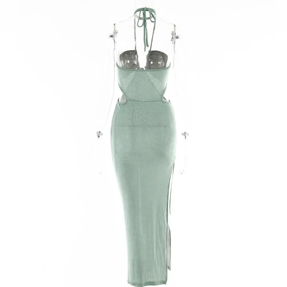 Women Halter Cut Out Backless Corset Midi Dress High Waist Split Slim Grunge Vestidos 2022 Summer - Blade & Thread