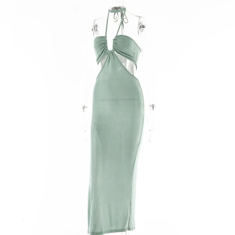 Women Halter Cut Out Backless Corset Midi Dress High Waist Split Slim Grunge Vestidos 2022 Summer nowadaysfashion