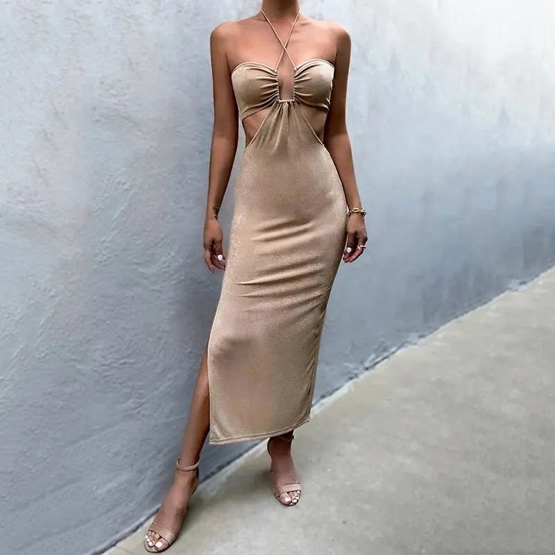Women Halter Cut Out Backless Corset Midi Dress High Waist Split Slim Grunge Vestidos 2022 Summer nowadaysfashion