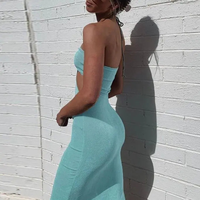 Women Halter Cut Out Backless Corset Midi Dress High Waist Split Slim Grunge Vestidos 2022 Summer nowadaysfashion