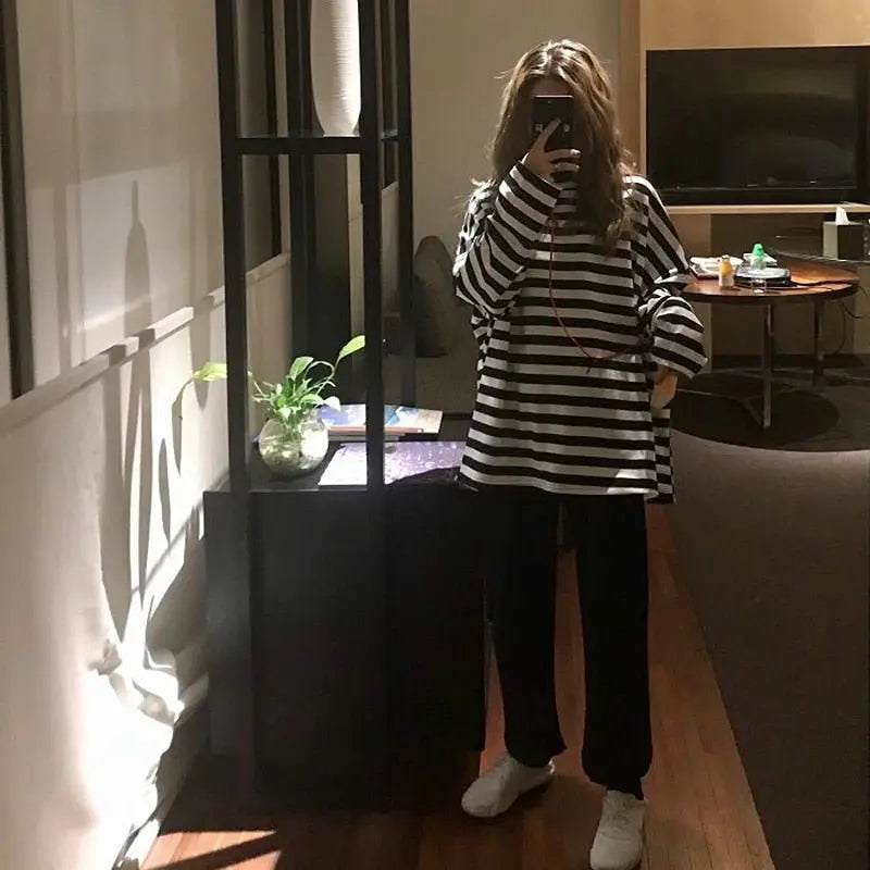 Women harajuku Striped Tshirt Long Sleeve O-Neck T-Shirts Casual oversized T Shirt nowadaysfashion