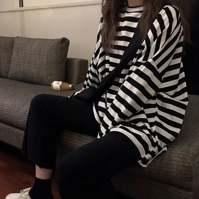 Women harajuku Striped Tshirt Long Sleeve O-Neck T-Shirts Casual oversized T Shirt - Blade & Thread