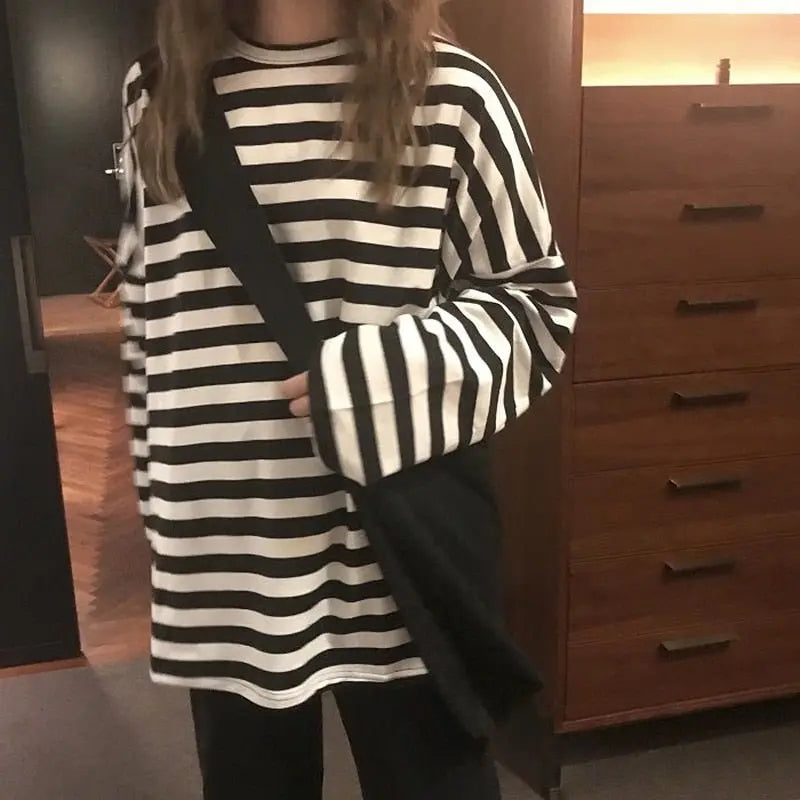 Women harajuku Striped Tshirt Long Sleeve O-Neck T-Shirts Casual oversized T Shirt - Blade & Thread