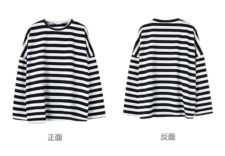 Women harajuku Striped Tshirt Long Sleeve O-Neck T-Shirts Casual oversized T Shirt - Blade & Thread