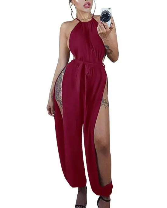 Women Hollow Out Jumpsuit Casual Sleeveless O-Neck Belt Jumpsuit Lace Up Slim Rompers nowadaysfashion