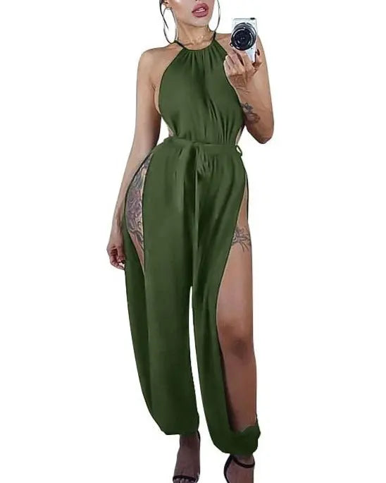 Women Hollow Out Jumpsuit Casual Sleeveless O-Neck Belt Jumpsuit Lace Up Slim Rompers - Blade & Thread