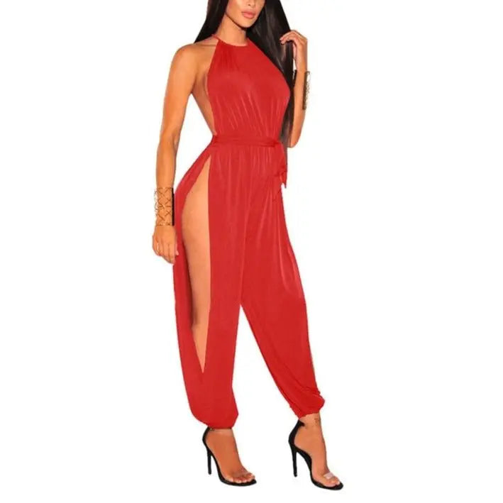 Women Hollow Out Jumpsuit Casual Sleeveless O-Neck Belt Jumpsuit Lace Up Slim Rompers - Blade & Thread