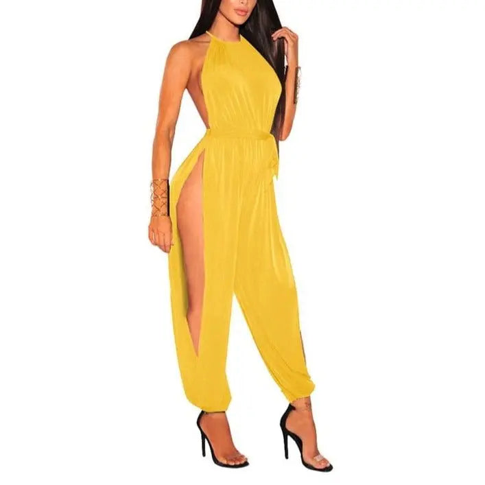 Women Hollow Out Jumpsuit Casual Sleeveless O-Neck Belt Jumpsuit Lace Up Slim Rompers - Blade & Thread