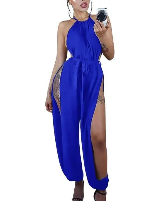 Women Hollow Out Jumpsuit Casual Sleeveless O-Neck Belt Jumpsuit Lace Up Slim Rompers - Blade & Thread