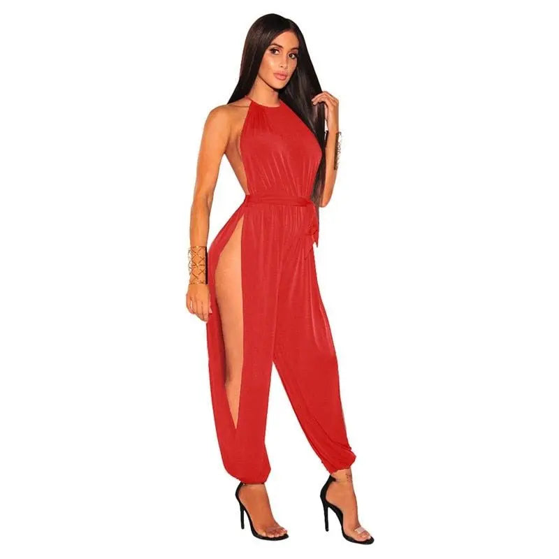 Women Hollow Out Jumpsuit Casual Sleeveless O-Neck Belt Jumpsuit Lace Up Slim Rompers - Blade & Thread