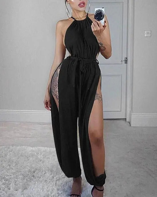 Women Hollow Out Jumpsuit Casual Sleeveless O-Neck Belt Jumpsuit Lace Up Slim Rompers nowadaysfashion