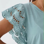 Women Hollow Out Stitching T-Shirt Casual O-Neck Ruffle Short Sleeve Top Elegant Clothing nowadaysfashion