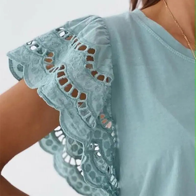 Women Hollow Out Stitching T-Shirt Casual O-Neck Ruffle Short Sleeve Top Elegant Clothing - Blade & Thread