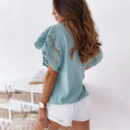 Women Hollow Out Stitching T-Shirt Casual O-Neck Ruffle Short Sleeve Top Elegant Clothing nowadaysfashion