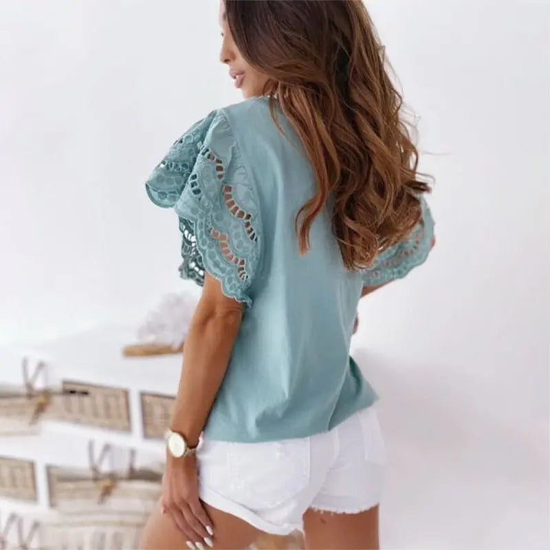 Women Hollow Out Stitching T-Shirt Casual O-Neck Ruffle Short Sleeve Top Elegant Clothing - Blade & Thread