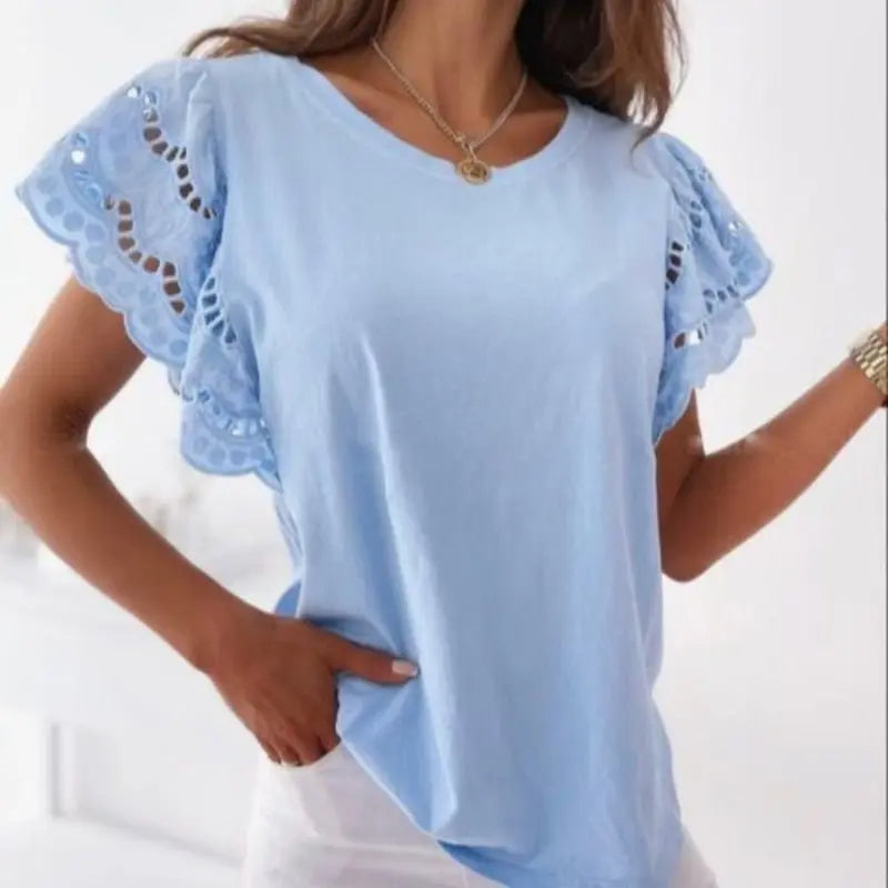 Women Hollow Out Stitching T-Shirt Casual O-Neck Ruffle Short Sleeve Top Elegant Clothing - Blade & Thread
