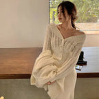 Women Hollow Sweater Cardigan Outerwear V Neck Button Knitted Tops Jackets nowadaysfashion