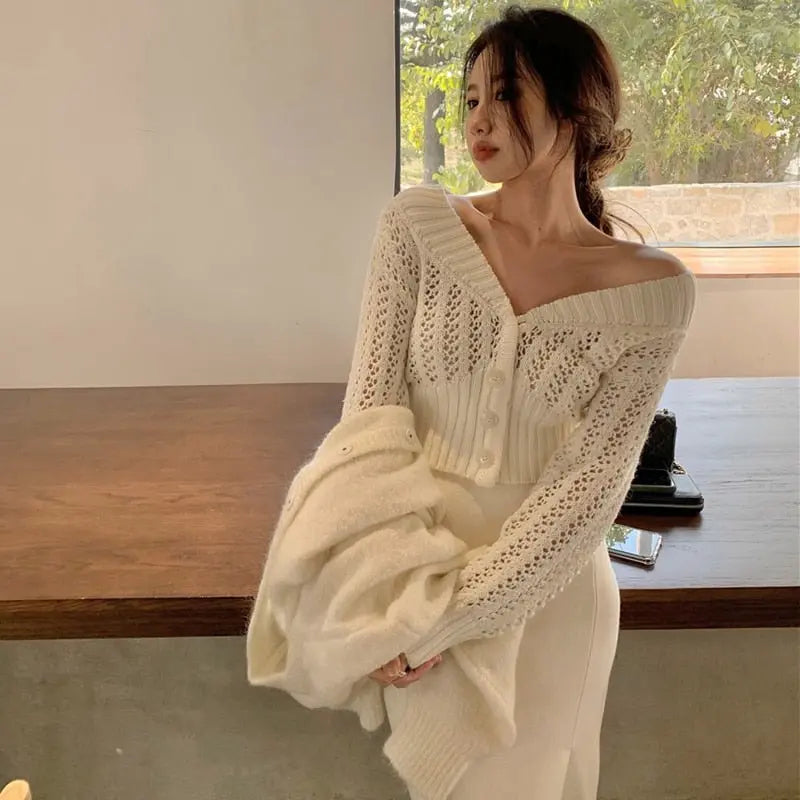 Women Hollow Sweater Cardigan Outerwear V Neck Button Knitted Tops Jackets - Blade & Thread