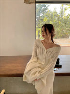 Women Hollow Sweater Cardigan Outerwear V Neck Button Knitted Tops Jackets nowadaysfashion