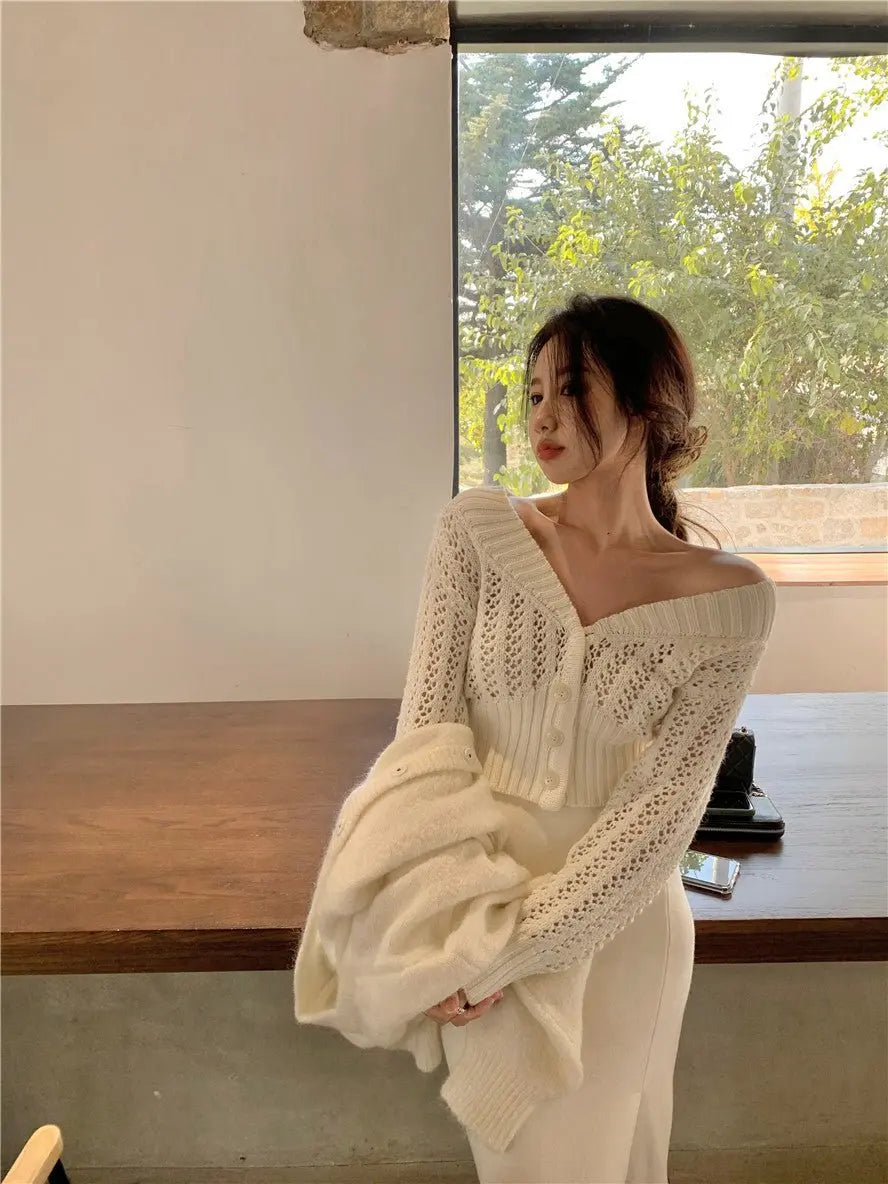 Women Hollow Sweater Cardigan Outerwear V Neck Button Knitted Tops Jackets - Blade & Thread