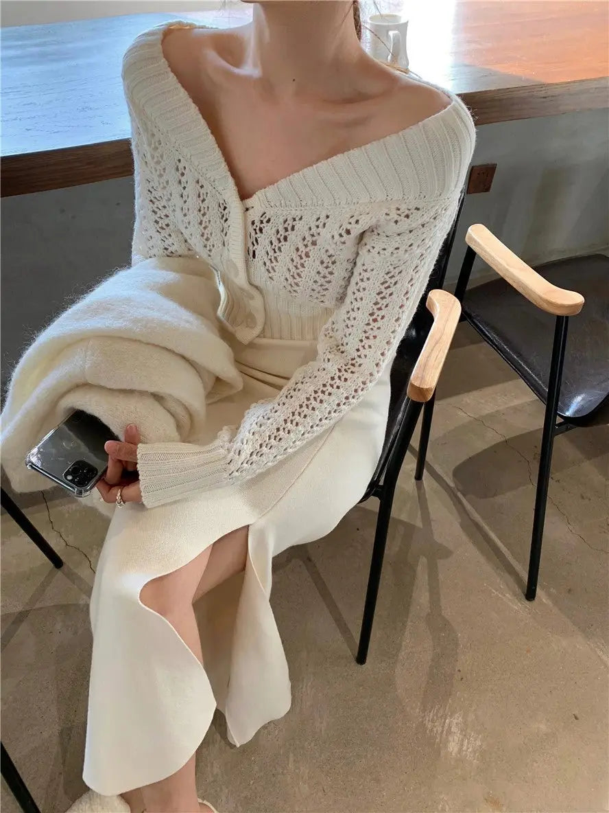 Women Hollow Sweater Cardigan Outerwear V Neck Button Knitted Tops Jackets nowadaysfashion