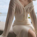 Women Hollow Sweater Cardigan Outerwear V Neck Button Knitted Tops Jackets nowadaysfashion