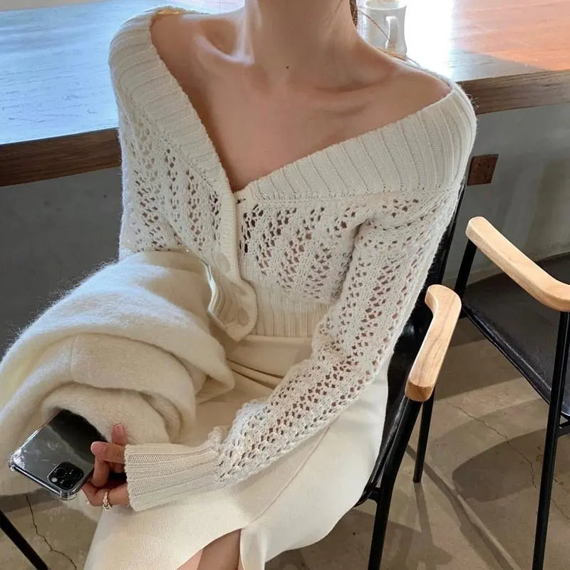 Women Hollow Sweater Cardigan Outerwear V Neck Button Knitted Tops Jackets nowadaysfashion