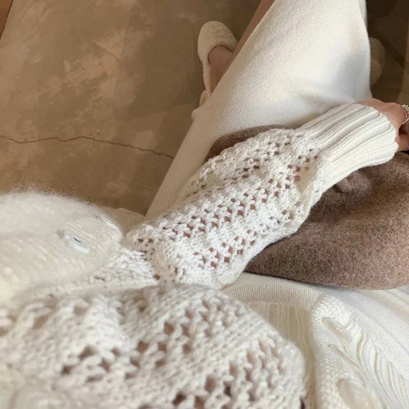 Women Hollow Sweater Cardigan Outerwear V Neck Button Knitted Tops Jackets nowadaysfashion