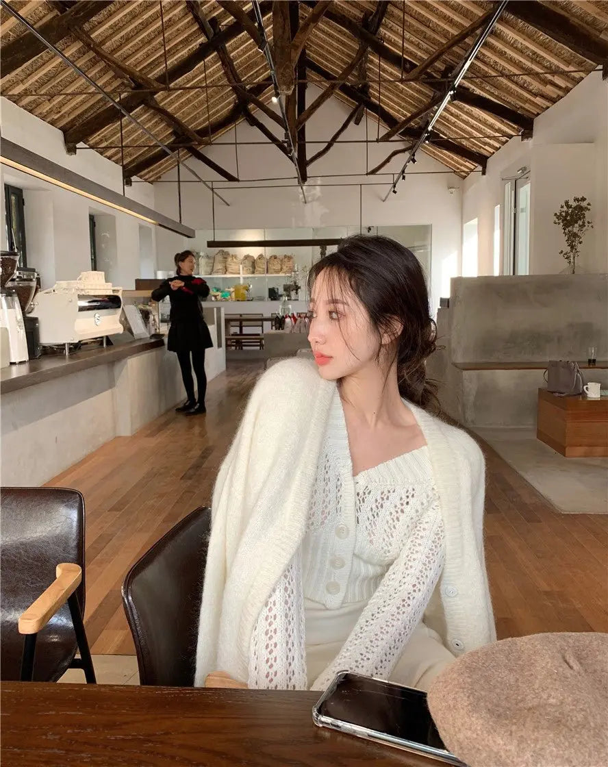 Women Hollow Sweater Cardigan Outerwear V Neck Button Knitted Tops Jackets - Blade & Thread