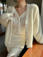 Women Hollow Sweater Cardigan Outerwear V Neck Button Knitted Tops Jackets nowadaysfashion
